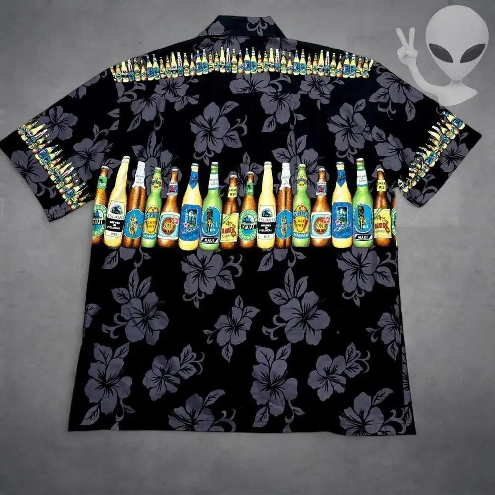 KY'S Hawaiian Shirt Large Black Hibiscus Beer Bottle Border Aloha Print - Picture 4 of 4